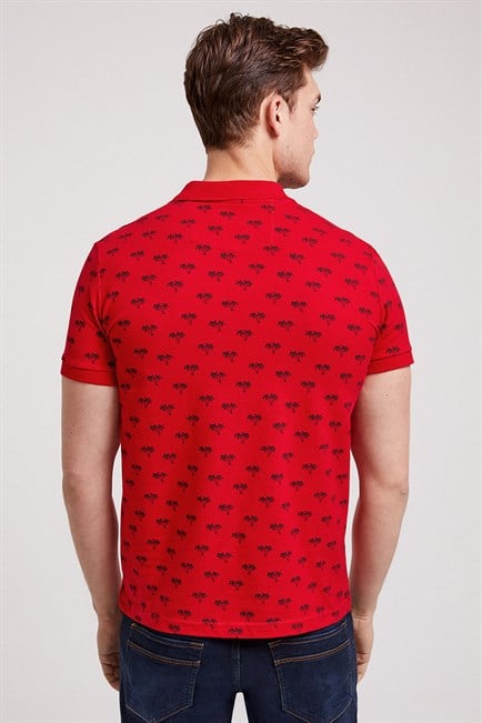 Tree Erkek %100 Pamuk Baskılı Polo Yaka T-Shirt Canlı Kırmızı