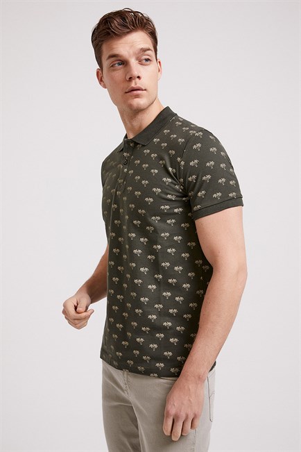 Tree Erkek %100 Pamuk Baskılı Polo Yaka T-Shirt Olive