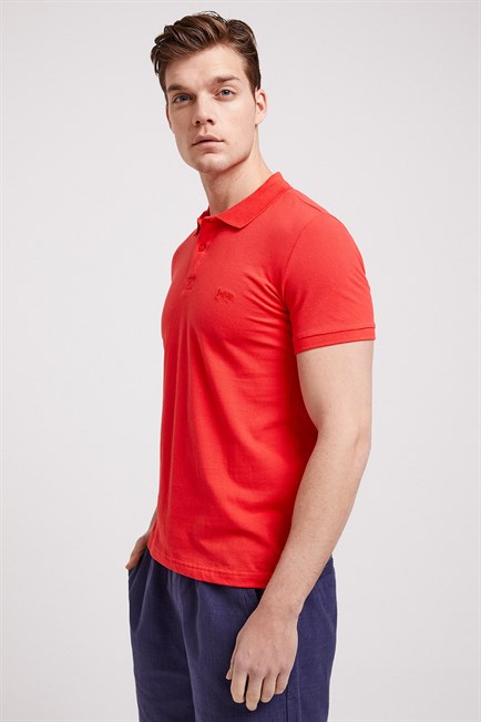 Twins Erkek %100 Pamuk Polo Yaka T-Shirt Mercan