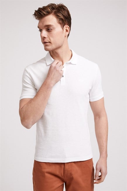 Tylen Erkek %100 Pamuk Polo Yaka T-Shirt Kirik Beyaz
