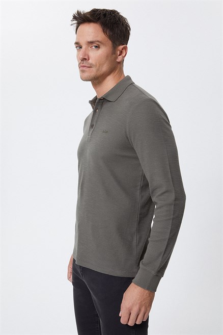 Tylens Erkek %100 Pamuk Polo Yaka Uzun Kol T-Shirt Haki