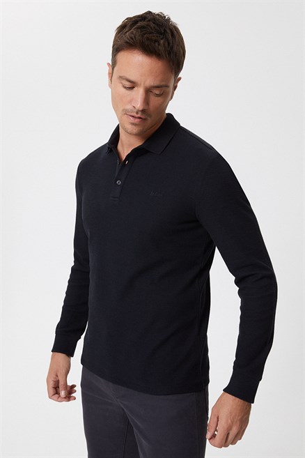 Tylens Erkek %100 Pamuk Polo Yaka Uzun Kol T-Shirt Siyah