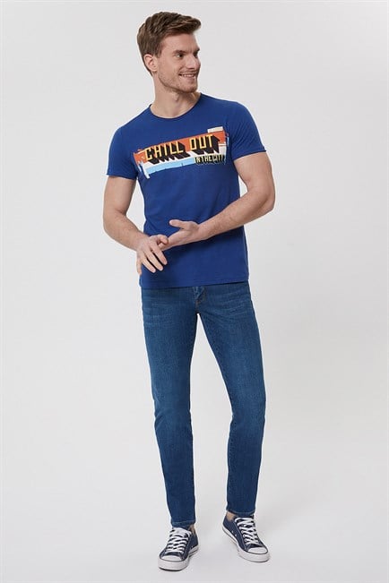 Tyson Erkek %100 Pamuk Kesikli Bisiklet Yaka T-Shirt Gece Mavisi