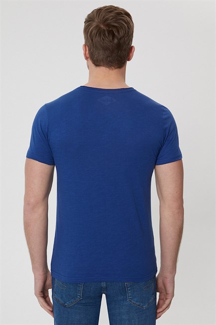 Tyson Erkek %100 Pamuk Kesikli Bisiklet Yaka T-Shirt Gece Mavisi