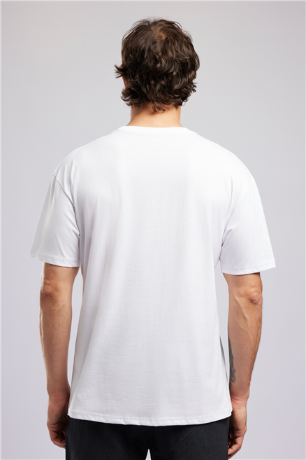 ULRIC Erkek Loose %100 Pamuk Baskılı Bisiklet Yaka T-Shirt Beyaz