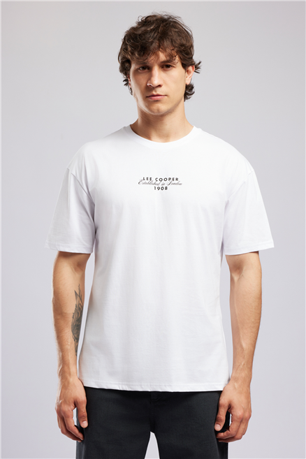 ULRIC Erkek Loose %100 Pamuk Baskılı Bisiklet Yaka T-Shirt Beyaz