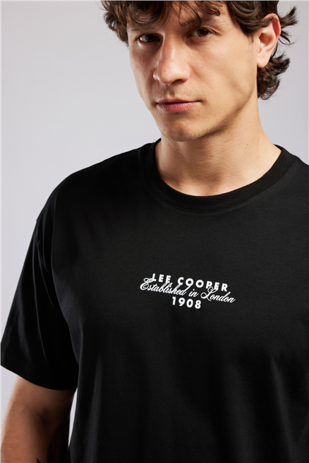 ULRIC Erkek Loose %100 Pamuk Baskılı Bisiklet Yaka T-Shirt Siyah