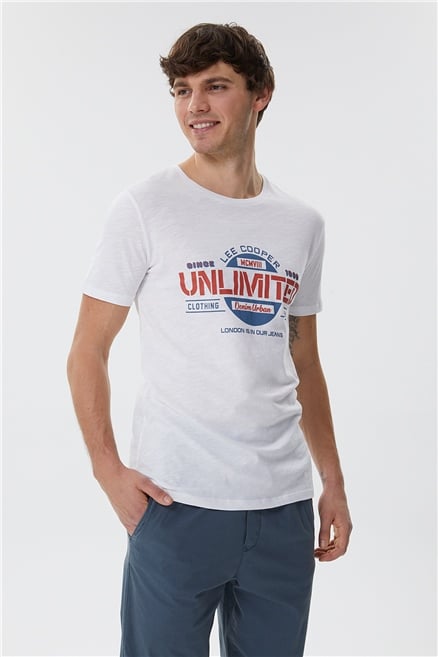 Unlimited Erkek %100 Pamuk Bisiklet Yaka T-Shirt Beyaz