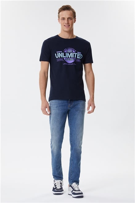 Unlimited Erkek %100 Pamuk Bisiklet Yaka T-Shirt Lacivert