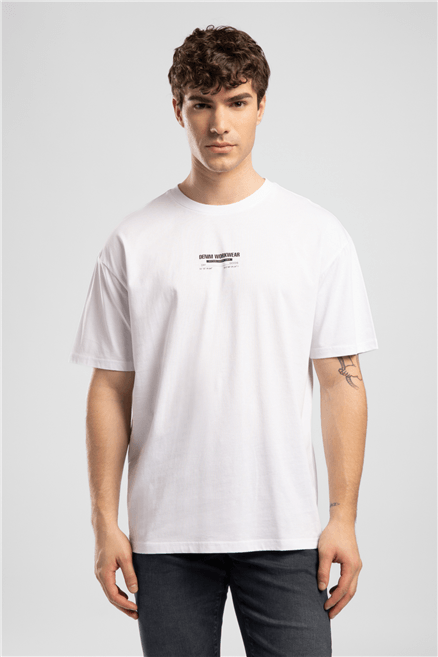 WILDER Erkek Regular Fit %100 Pamuk Baskılı Bisiklet Yaka T-Shirt Beyaz