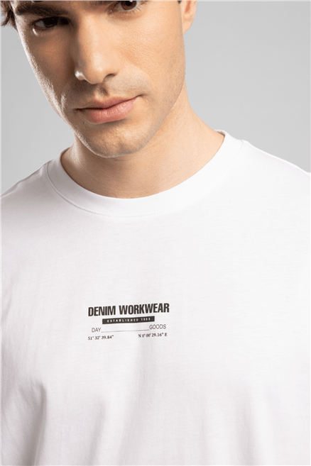 WILDER Erkek Regular Fit %100 Pamuk Baskılı Bisiklet Yaka T-Shirt Beyaz