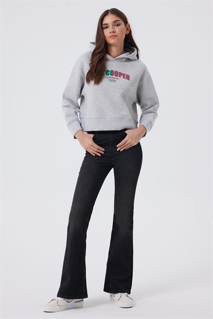 Zaye Kadın %100 Pamuk Kapüşonlu Sweatshirt Gri Melanj