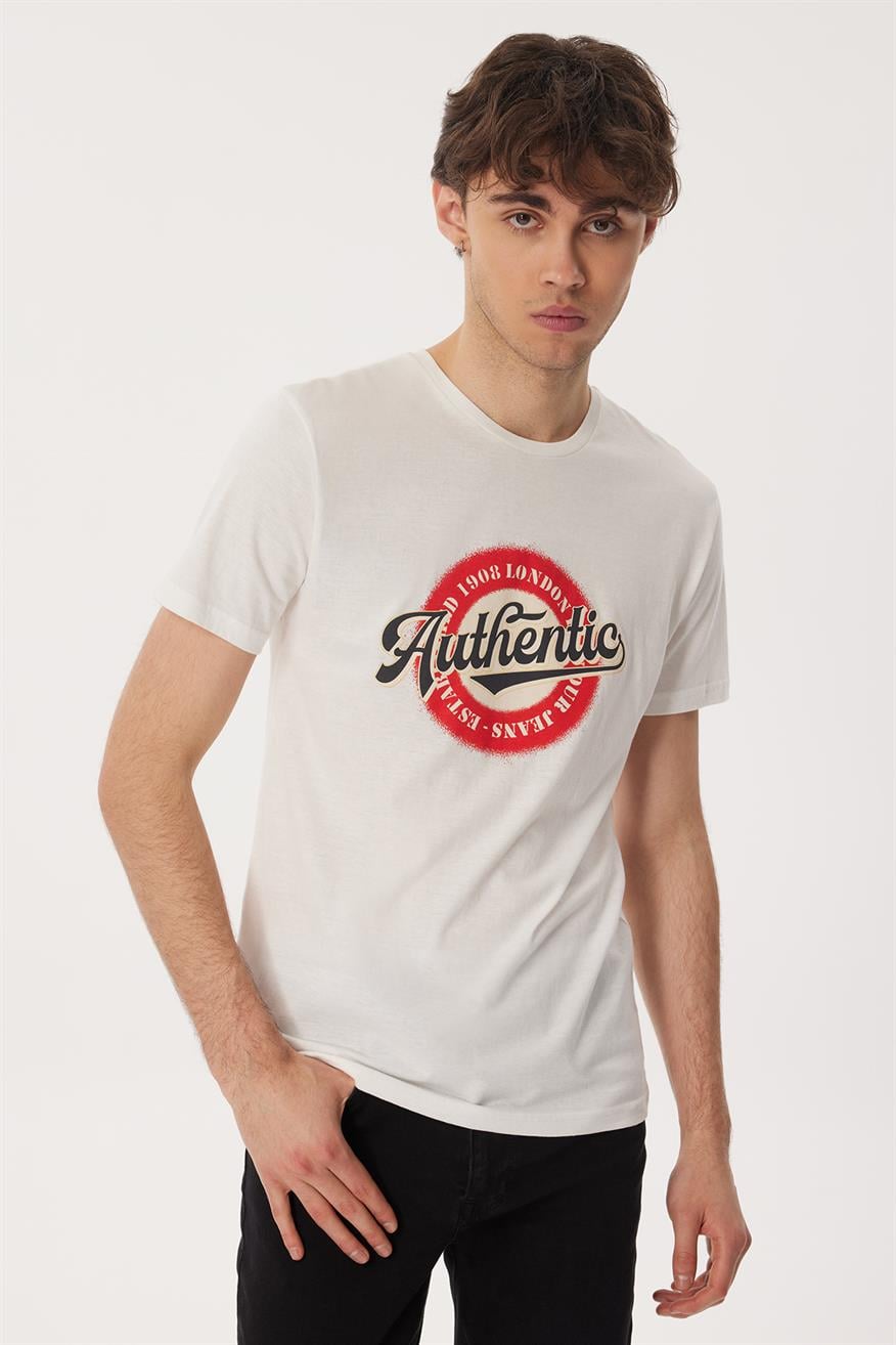 Authen Erkek %100 Pamuk O Yaka T-Shirt Beyaz