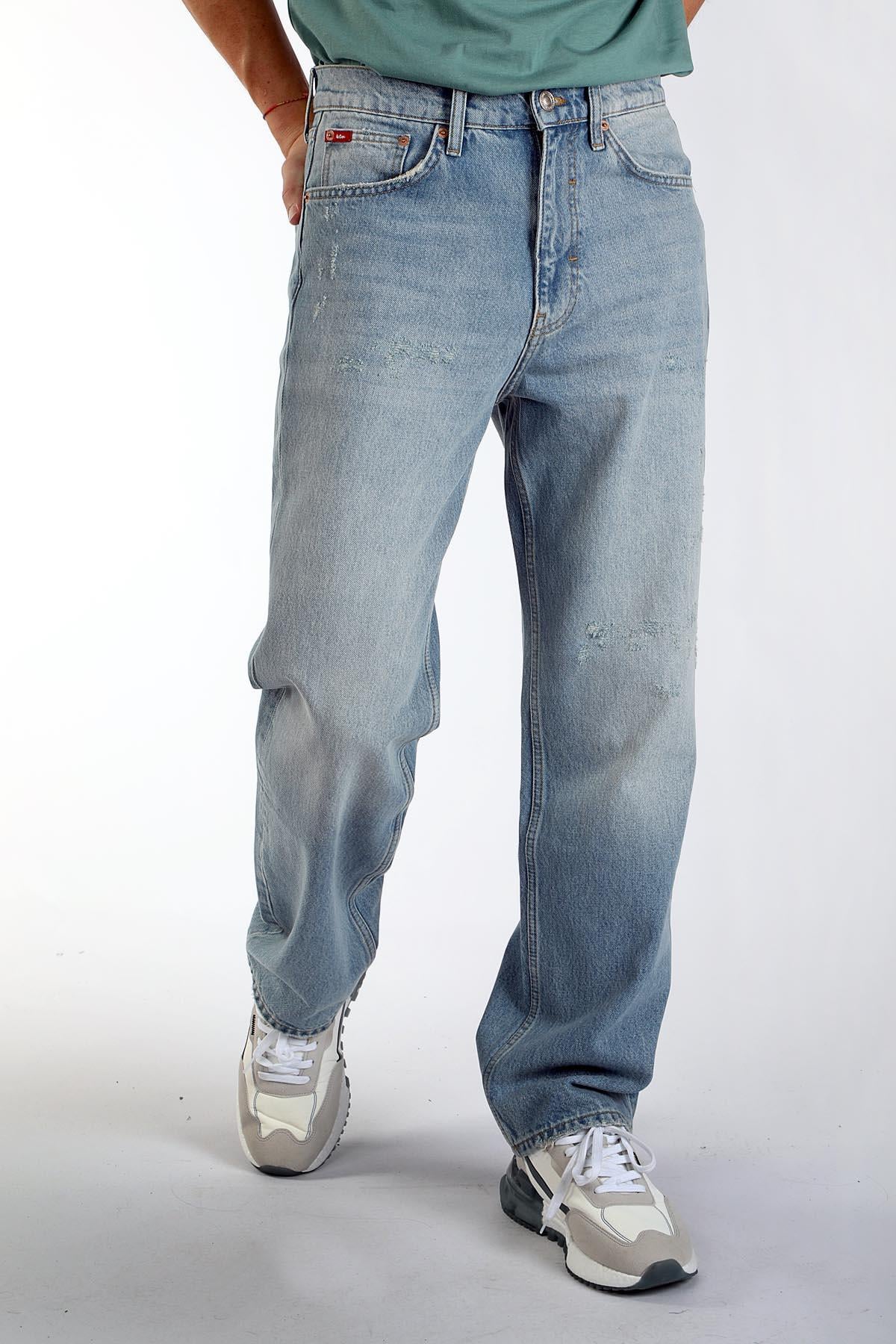 Baggy Yüksek Bel Bol Kesim Düz Paça %100 Pamuk Mavi Erkek Jean Pantolon
