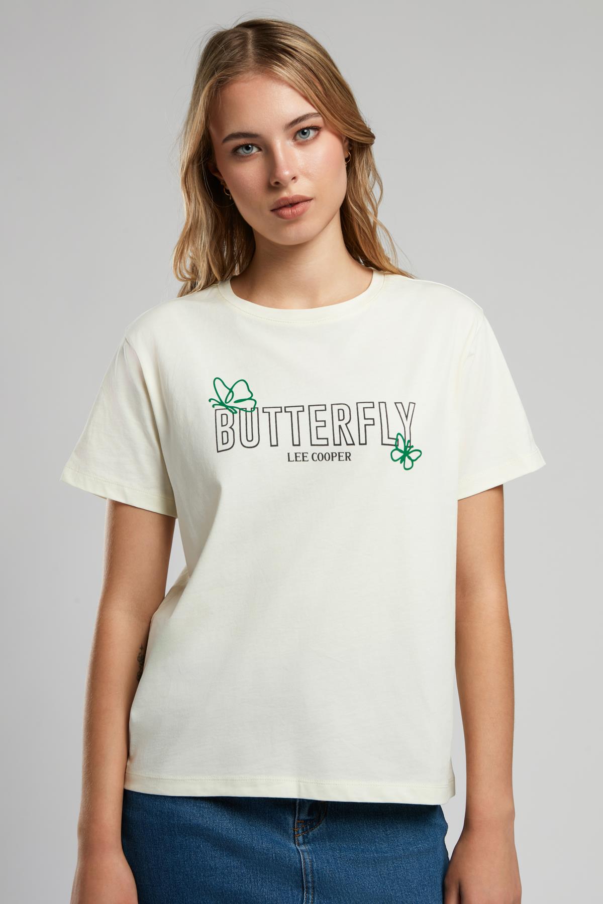Butterfly Kadın O Yaka T-Shirt Açık Sari