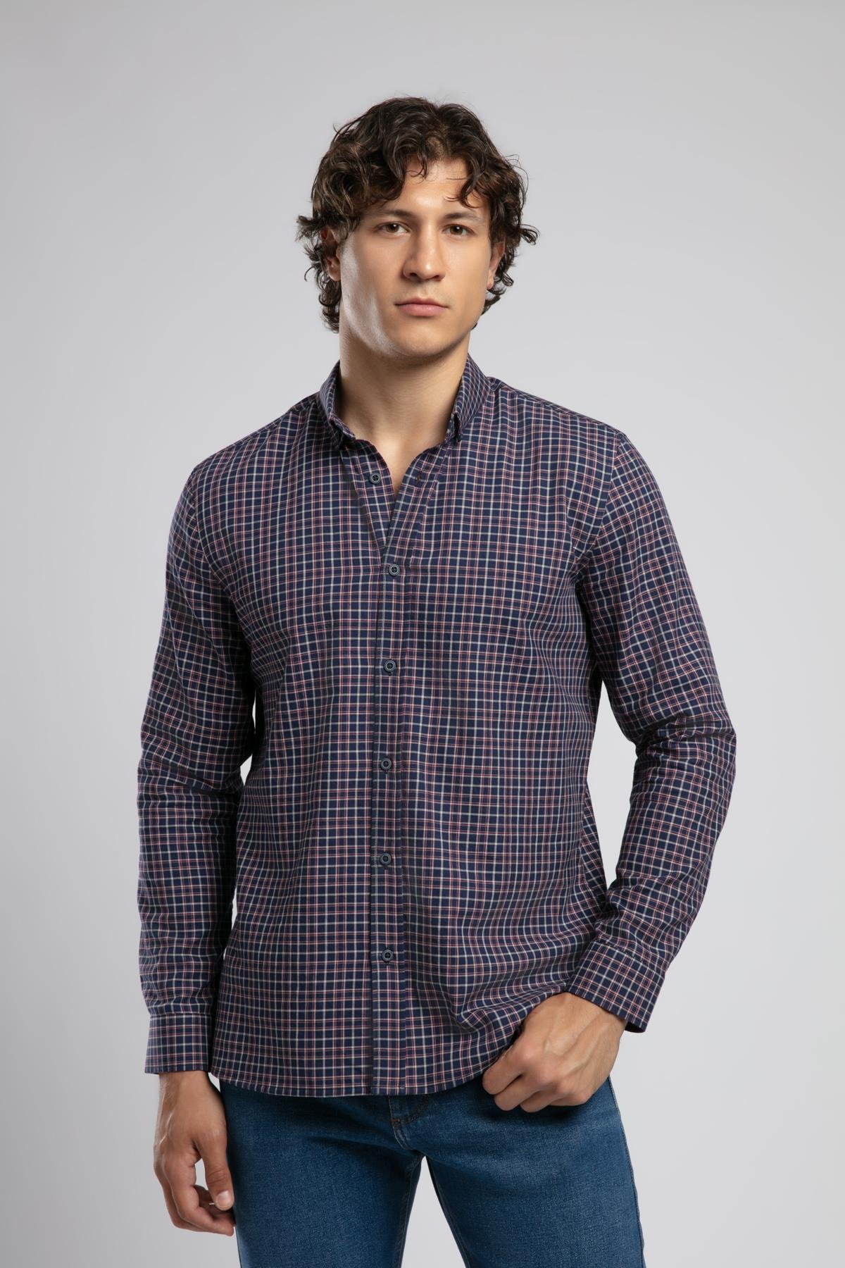 Chad Erkek Dokuma Gömlek Lacivert Kareli