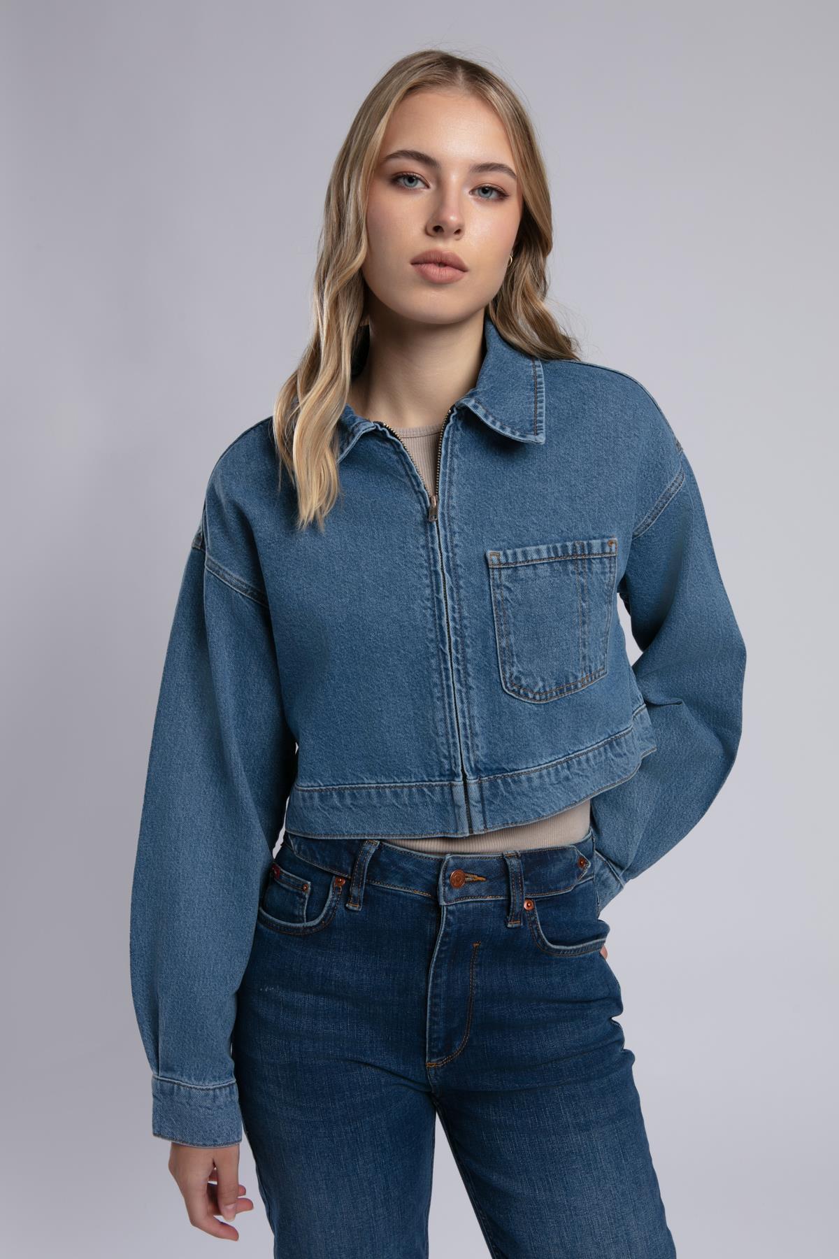 Crop Kadın Jean Ceket Denim