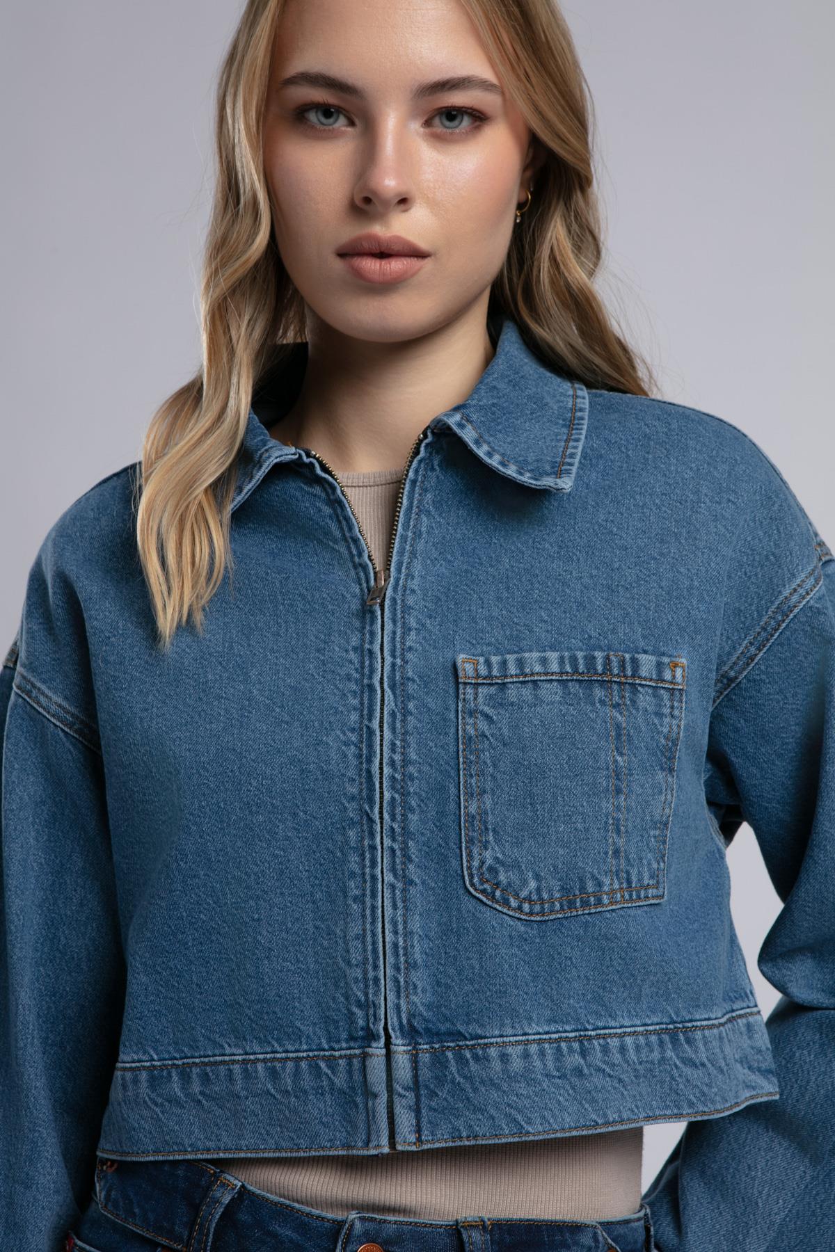 Crop Kadın Jean Ceket Denim