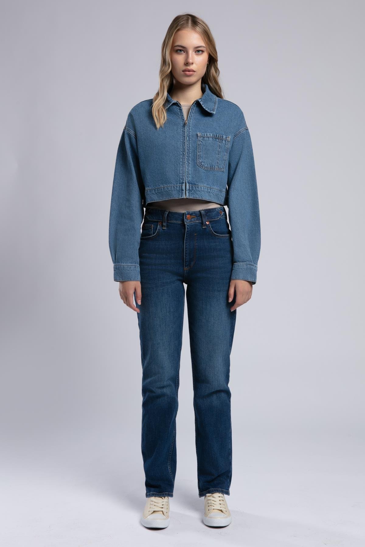 Crop Kadın Jean Ceket Denim