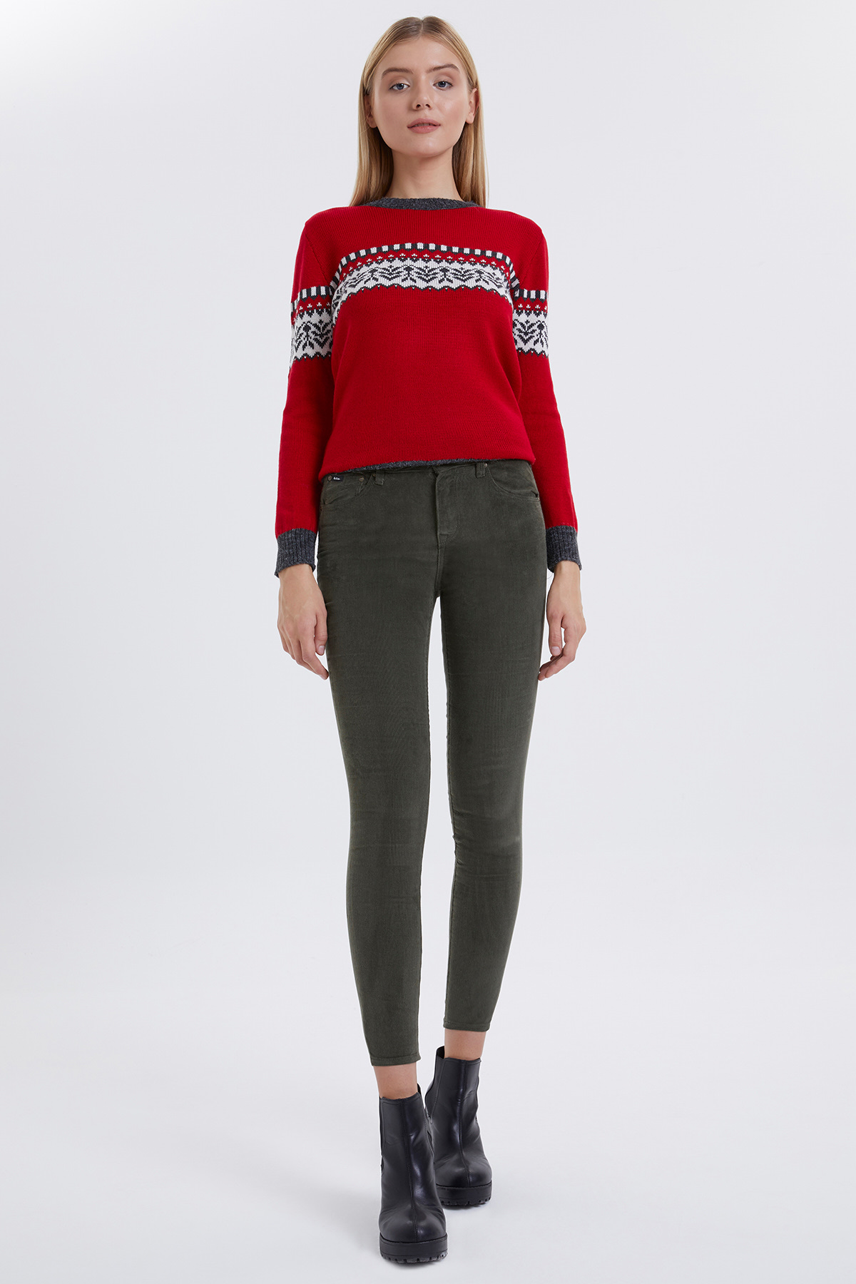 Jamy Yüksek Bel Dar Kesim Çok Dar Paça Haki Kadın Pantolon