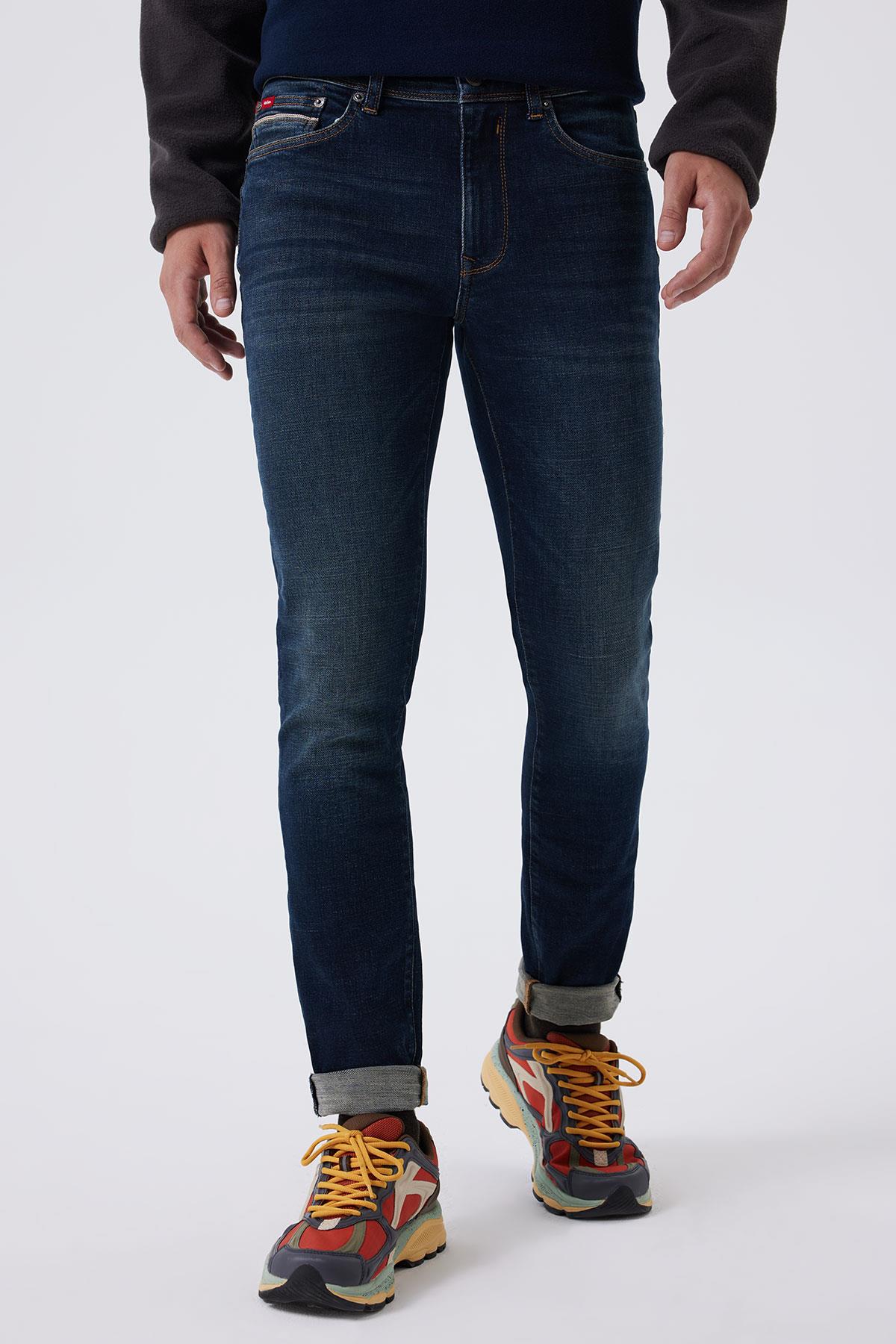 Jin Jeff Normal Bel Dar Kesim Çok Dar Paça Mavi Erkek Jean Pantolon