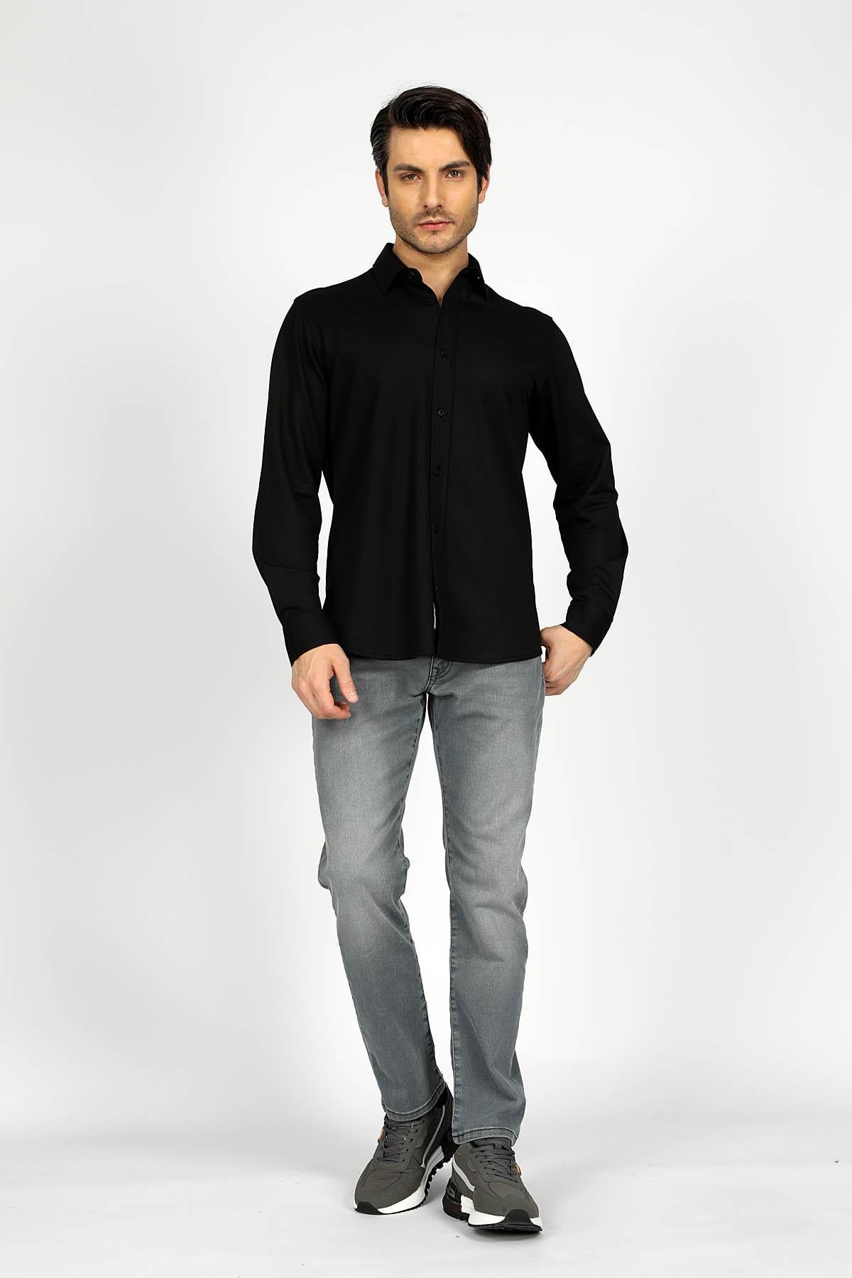 Joles Erkek U.Kol Örme Gömlek Siyah