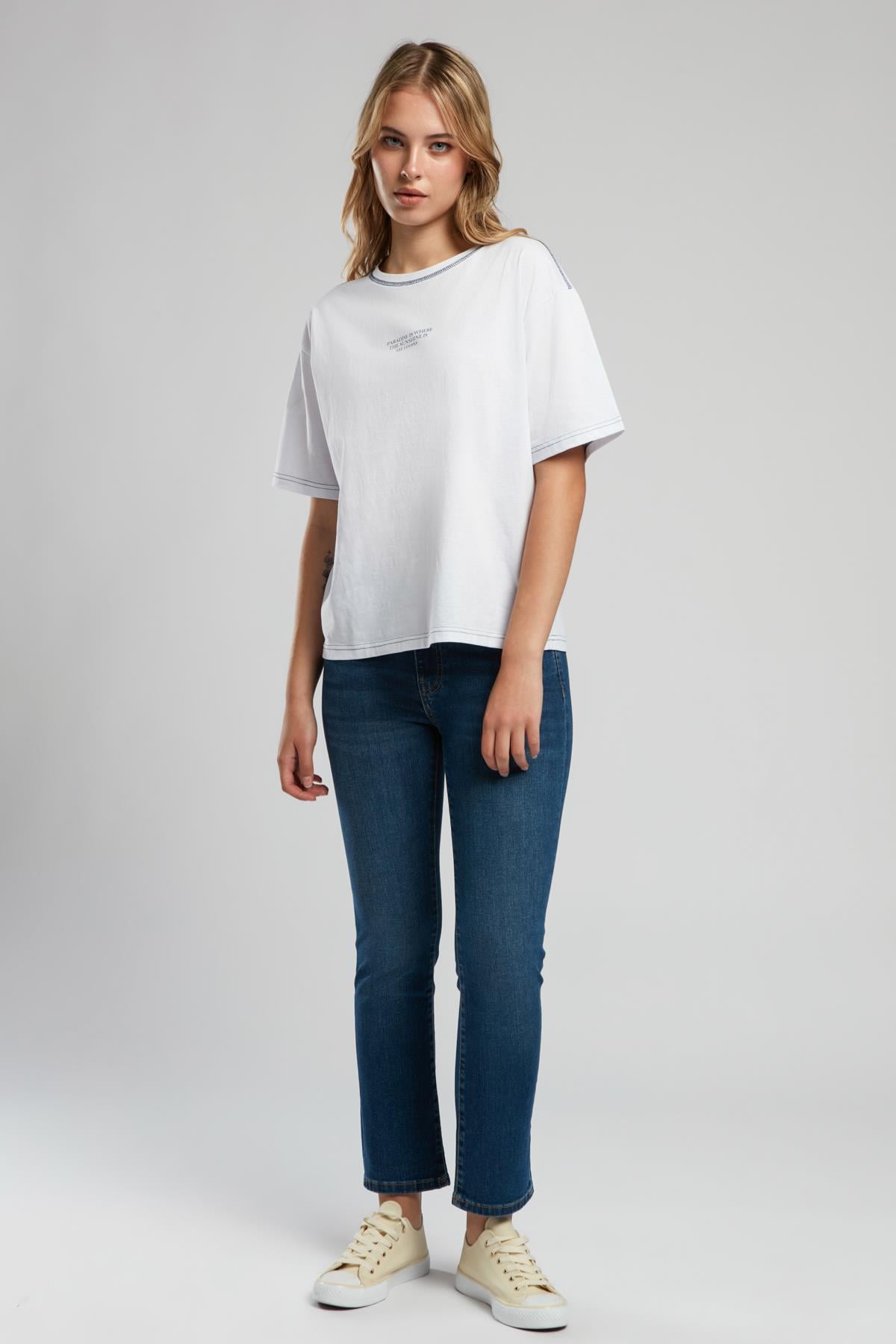 Karbe Kadın O Yaka T-Shirt Ekru-L