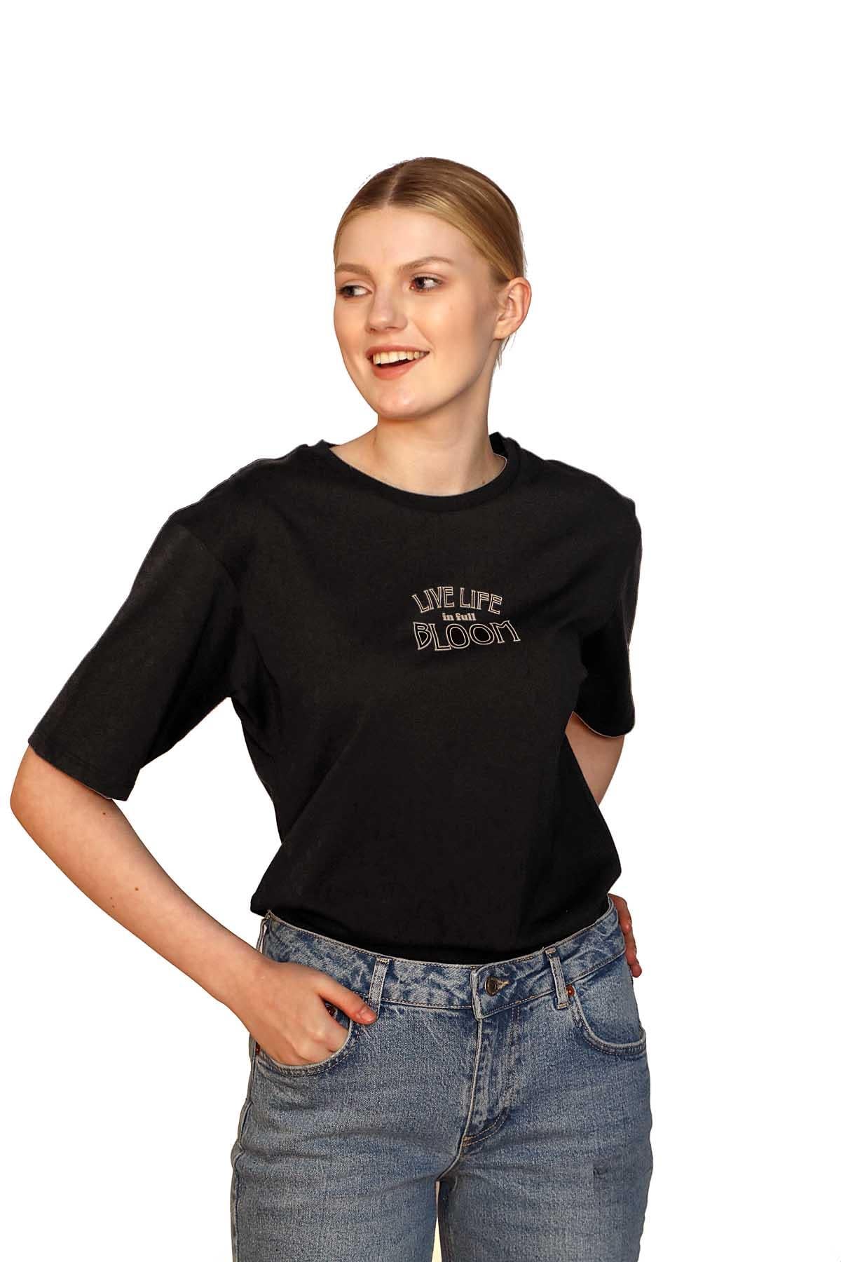 Lades Kadın %100 Pamuk O Yaka T-Shirt Siyah