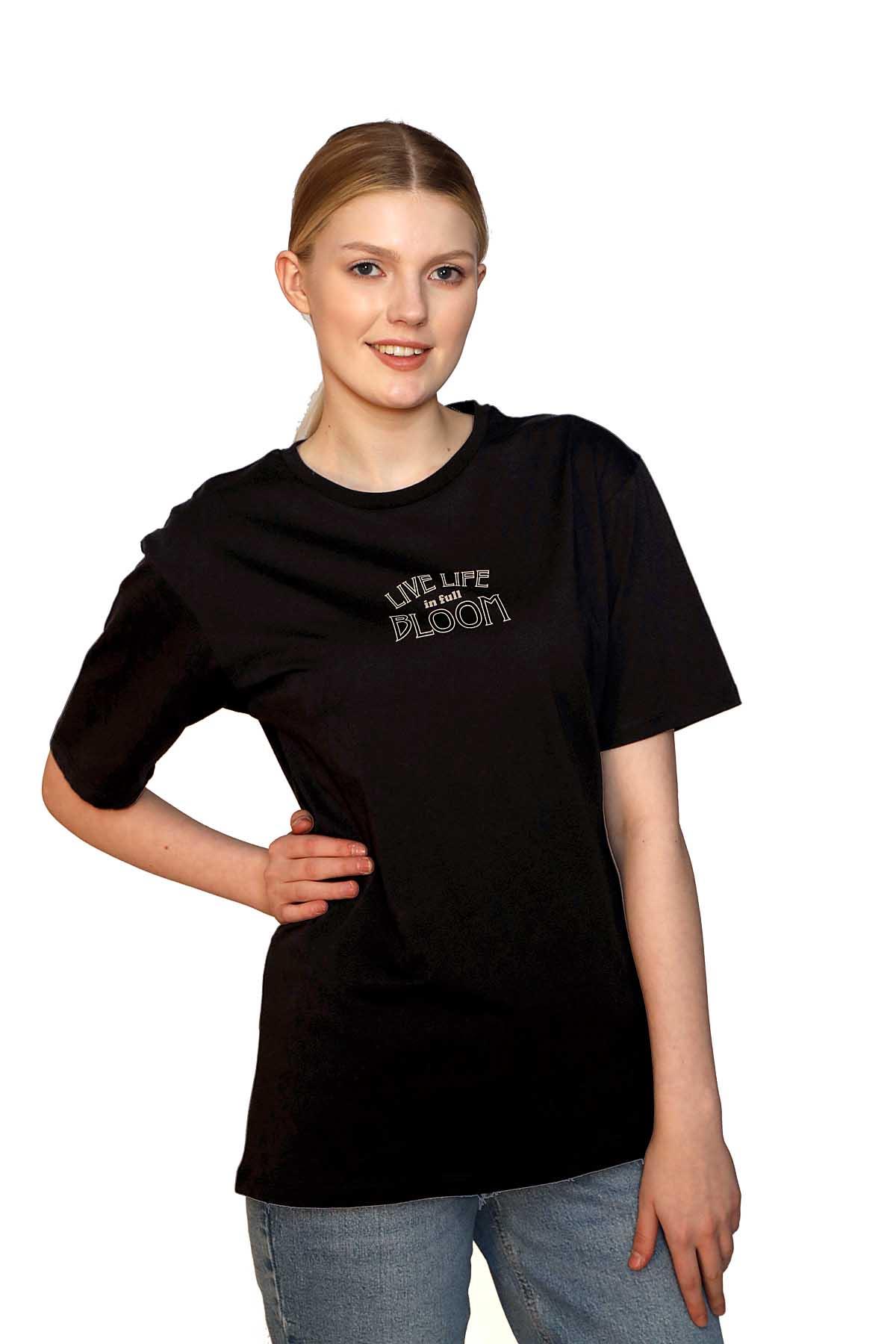 Lades Kadın %100 Pamuk O Yaka T-Shirt Siyah