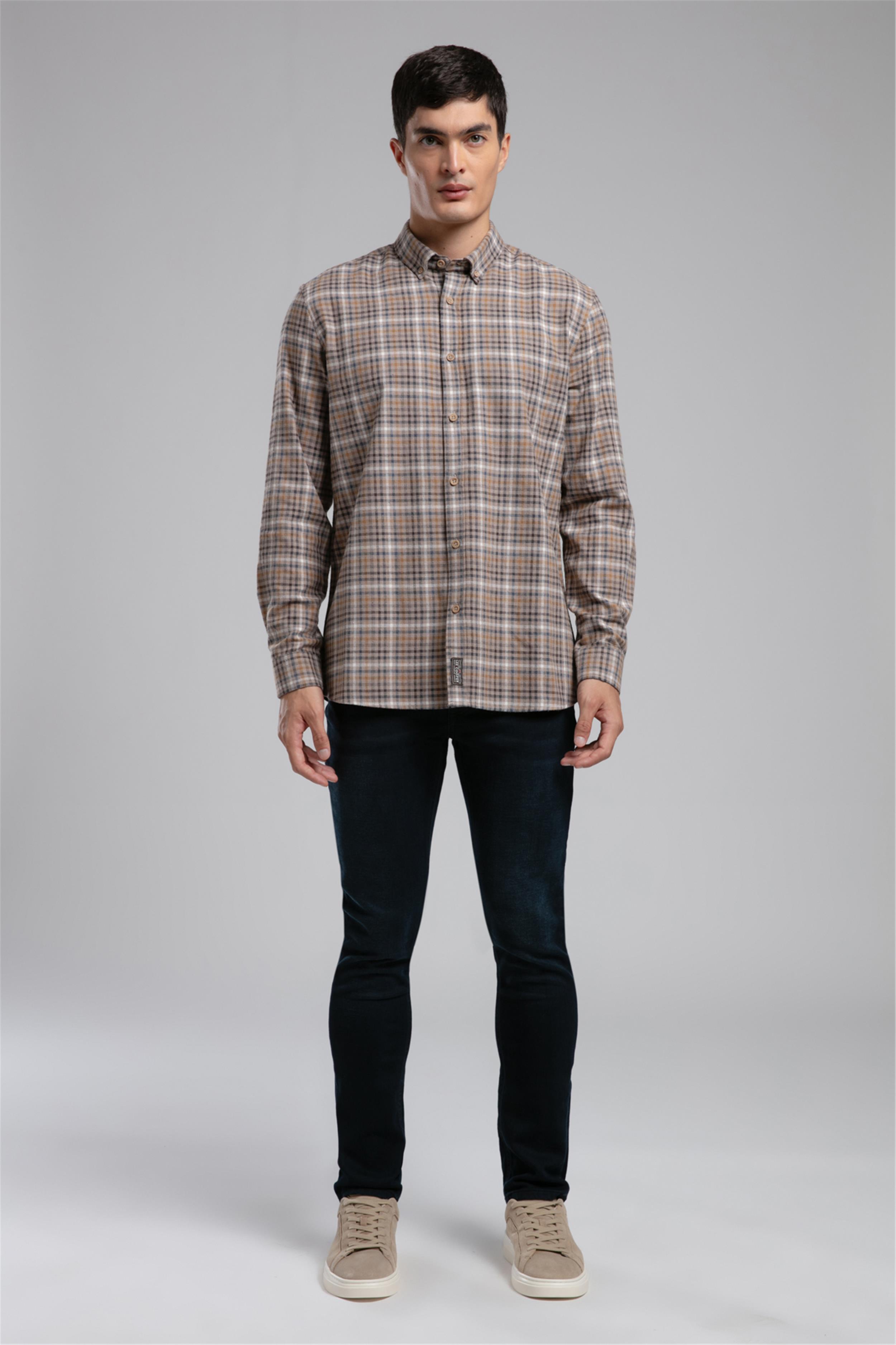 Lorse Erkek Dokuma Uzun Kol Gömlek Bej Ekose