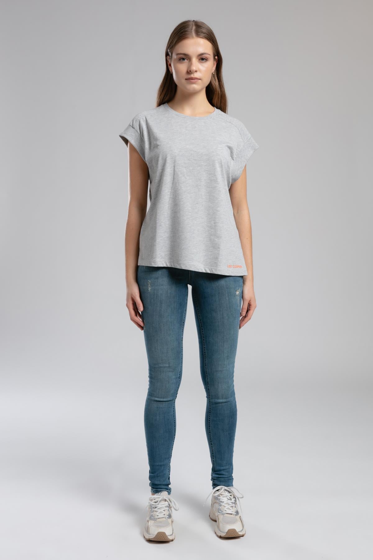 Losea Kadın %100 Pamuk O Yaka T-Shirt Gri Melanj