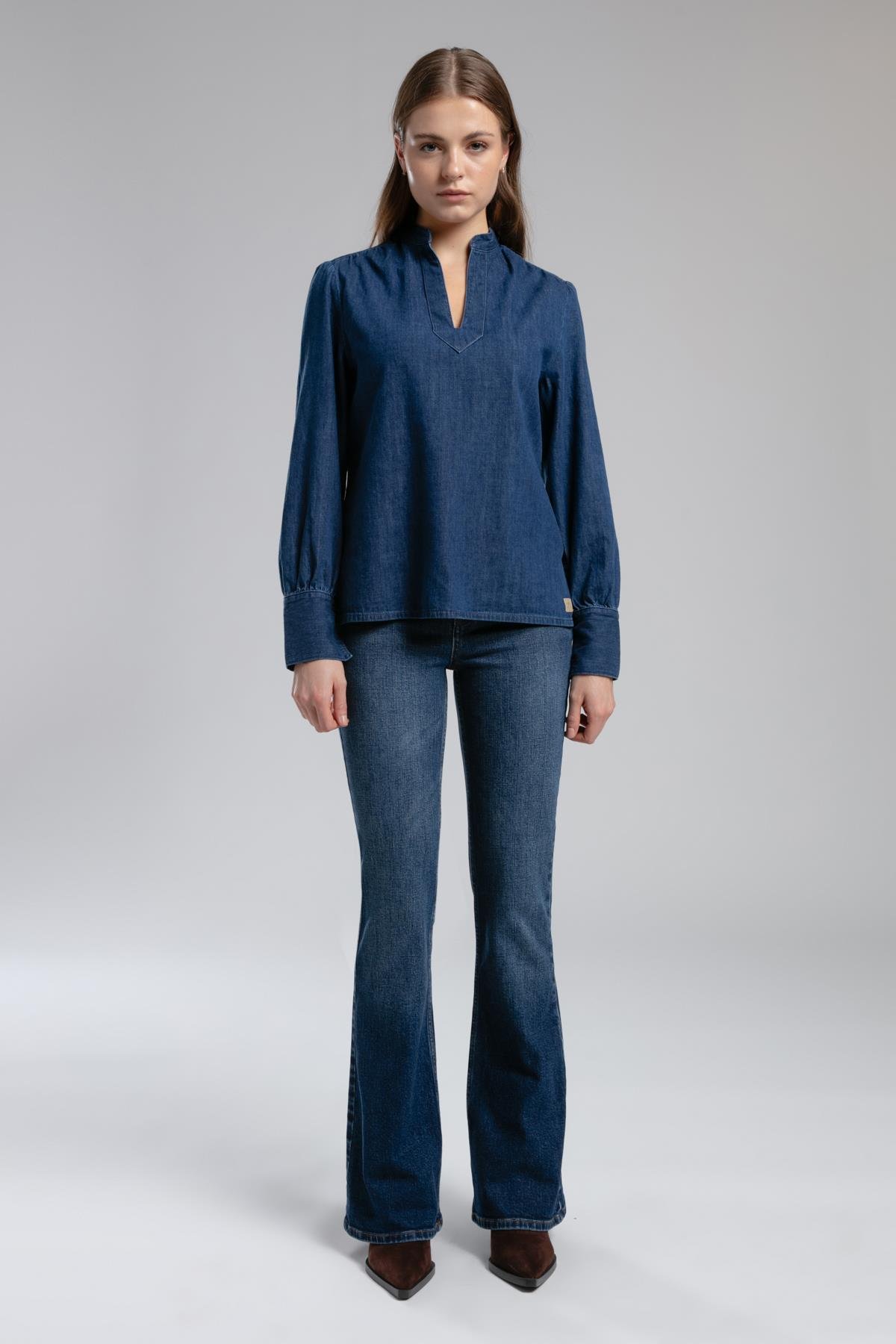 Luna Yüksek Bel İspanyol Paça Kesim Geniş Paça Eddie Dark Kadın Jean Pantolon