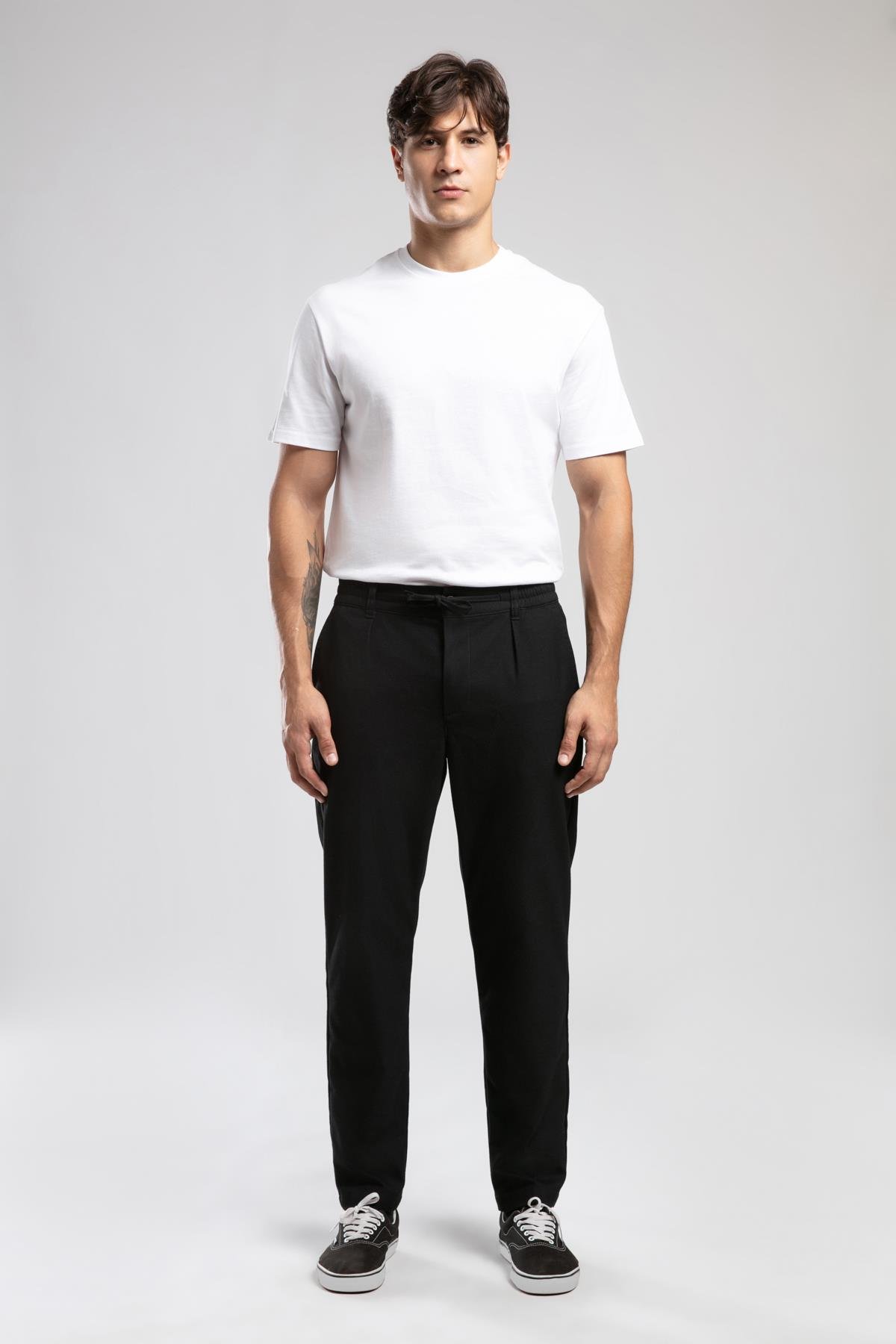 Matteos Orta-Yüksek Bel Bol Düz Kesim Düz Paça Siyah Erkek Pantolon