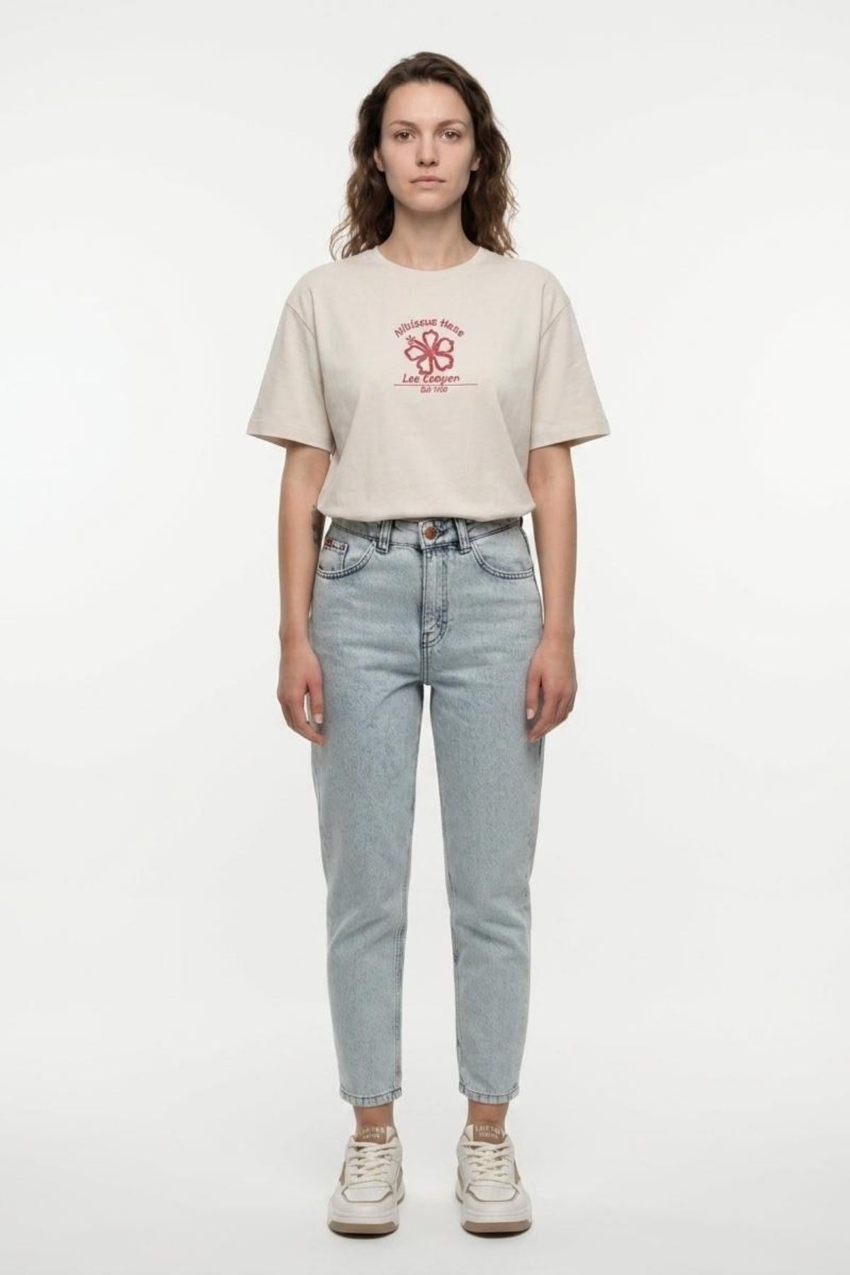 NEW Kadın Oversize Baskılı Bisiklet Yaka T-Shirt Ekru
