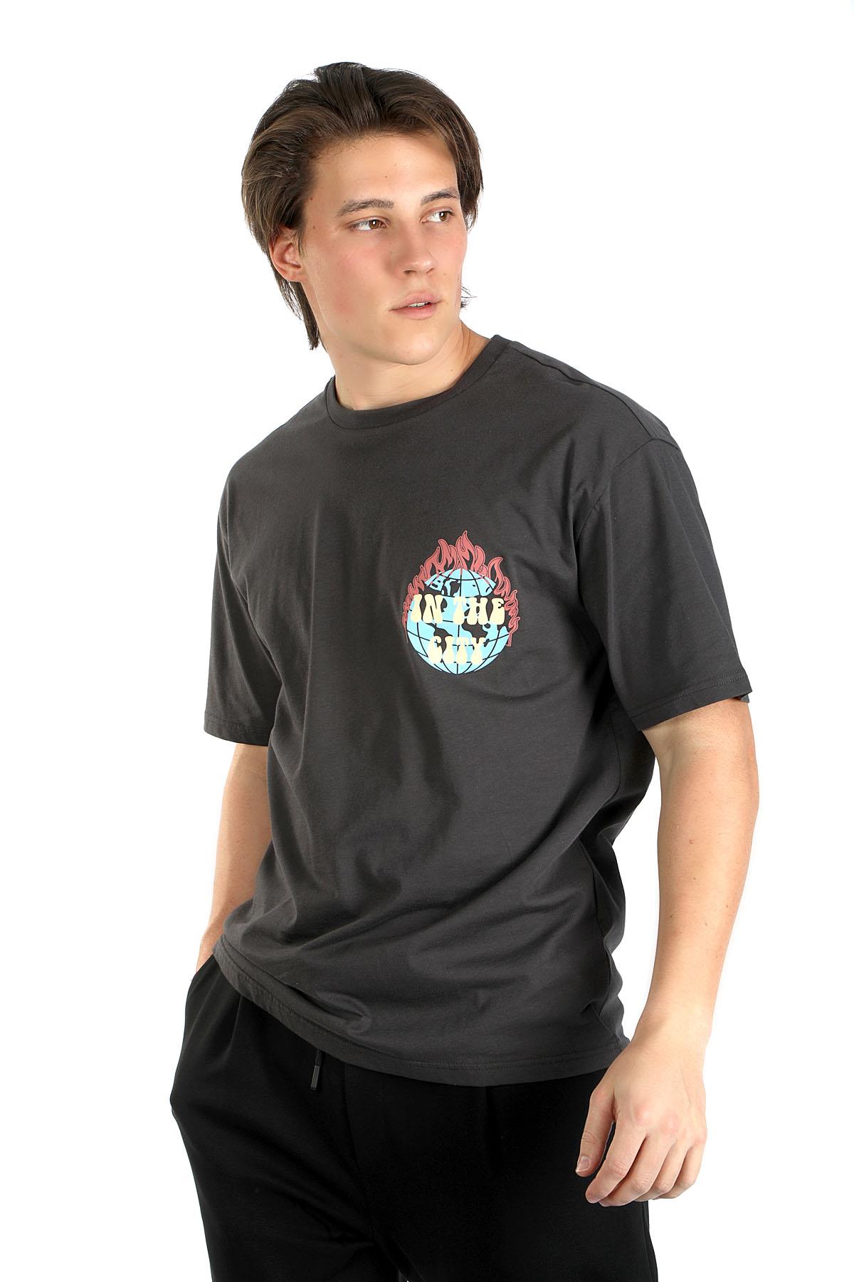 New Leroy Erkek %100 Pamuk O Yaka T-Shirt Antrasit