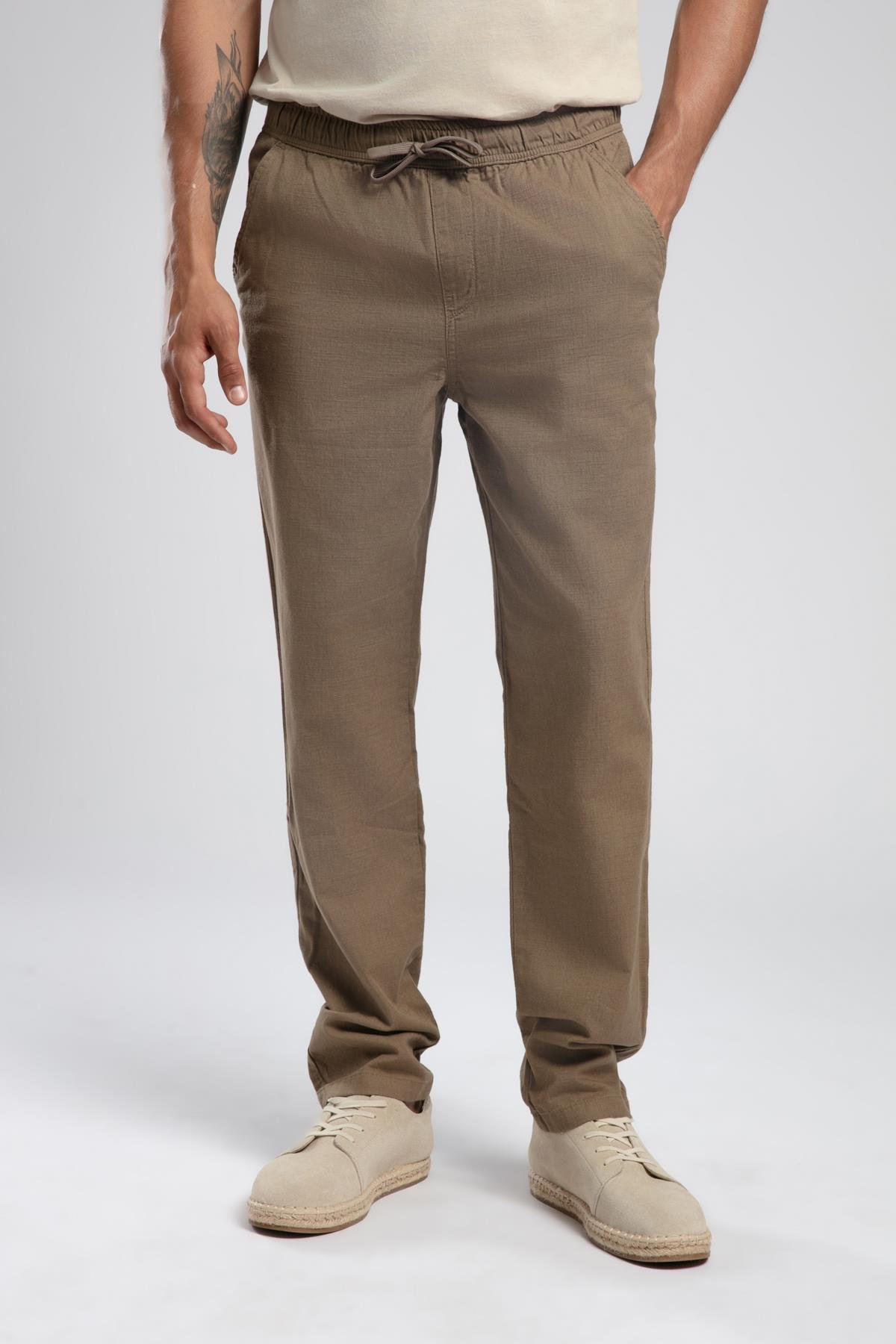 New Orta Bel Düz Kesim Düz Paça %100 Pamuk Camel Erkek Pantolon