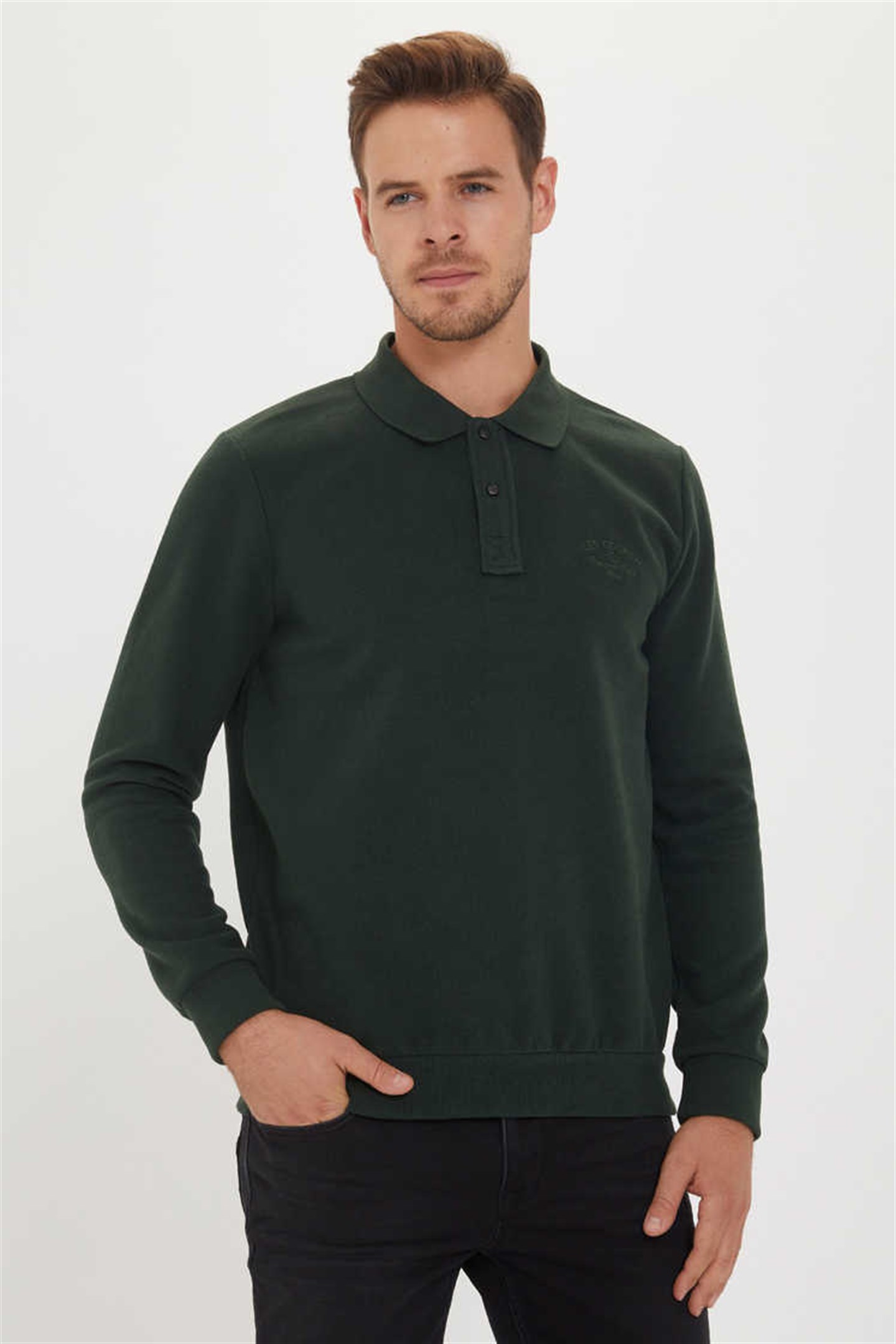 Newblend Erkek Polo Yaka Sweatshirt Koyu Yeşil | Lee Cooper