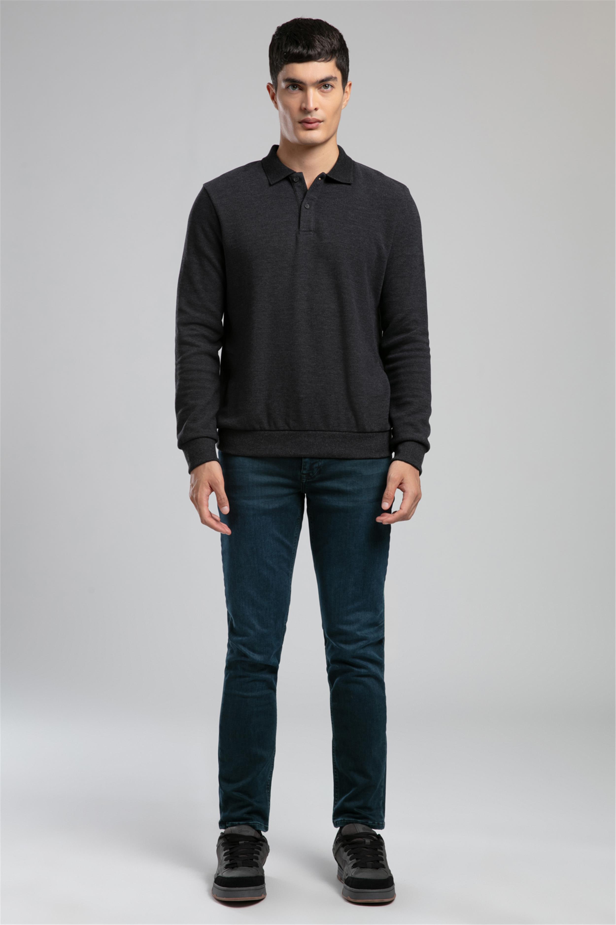 Newblend Erkek Polo Yaka Sweatshirt Antrasit