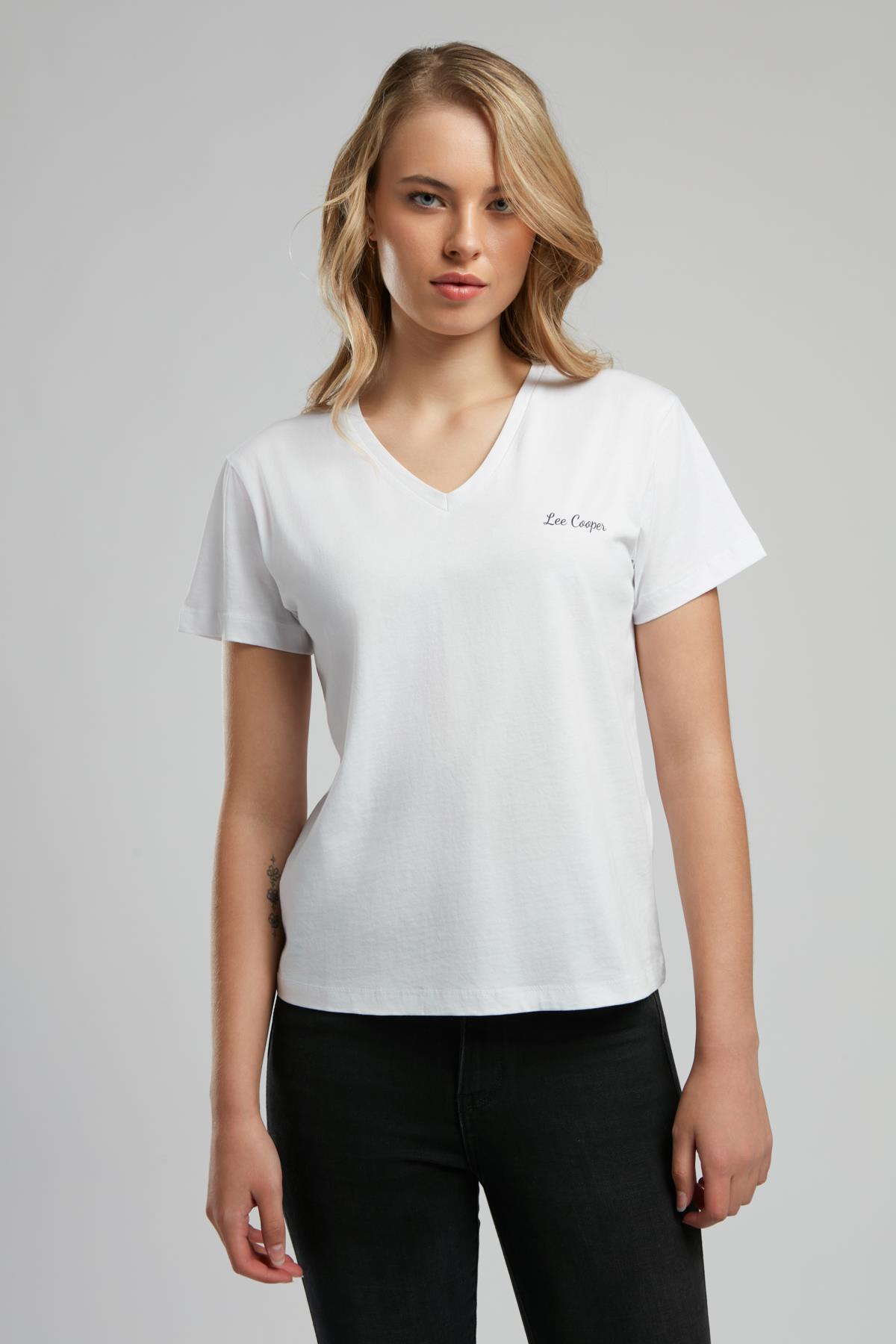 Sade Kadın %100 Pamuk V Yaka T-Shirt Beyaz