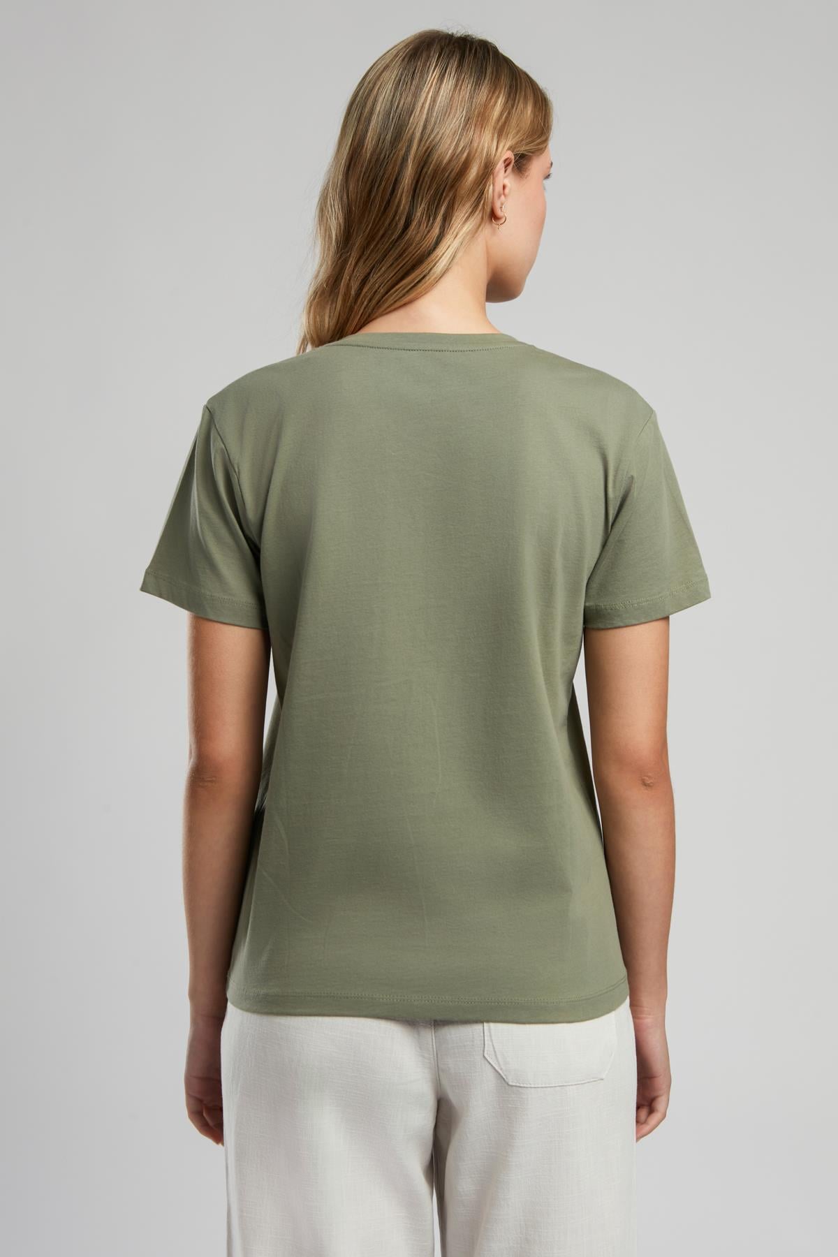 Sade Kadın %100 Pamuk V Yaka T-Shirt Haki