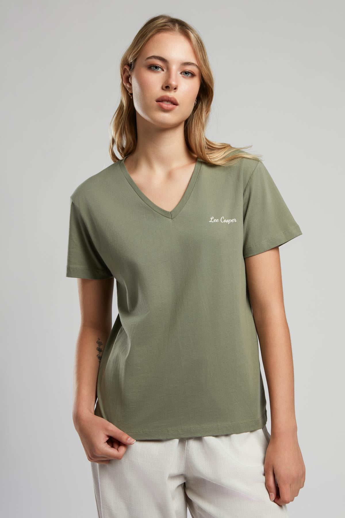 Sade Kadın %100 Pamuk V Yaka T-Shirt Haki
