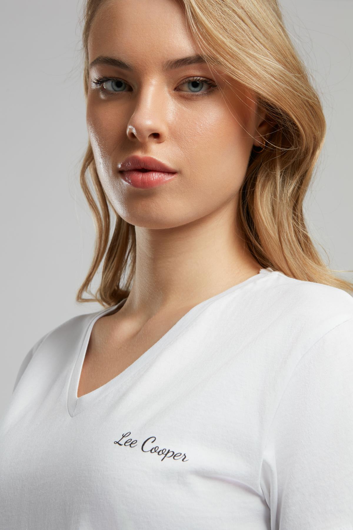 Sade Kadın %100 Pamuk V Yaka T-Shirt Beyaz