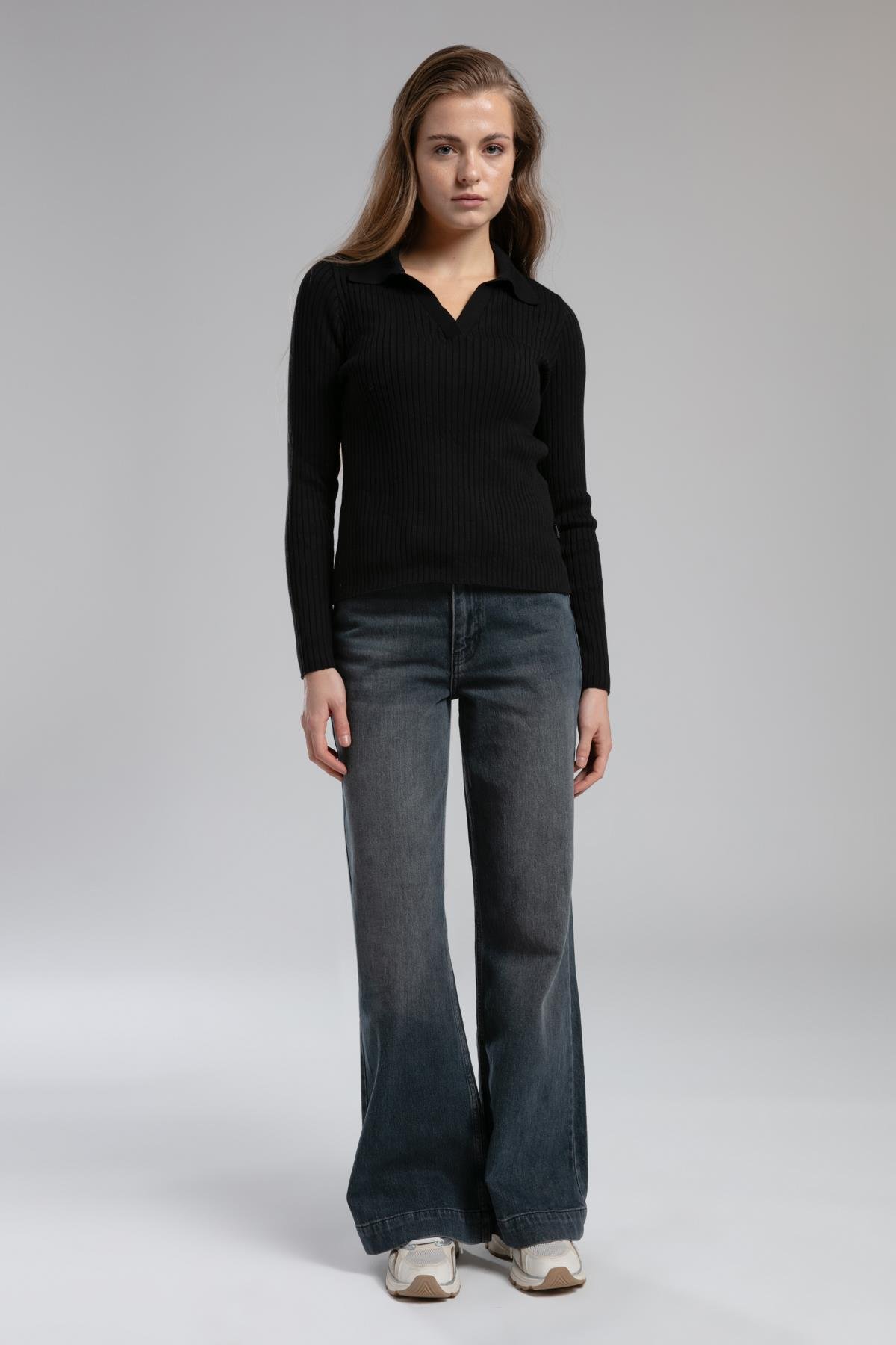 Sandy Yüksek Bel Geniş Paça Kesim Geniş Paça Gri Kadın Jean Pantolon