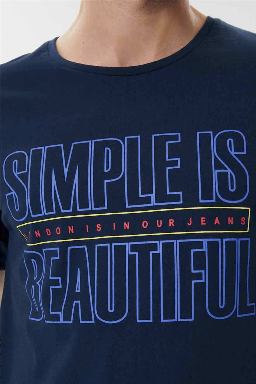 Simple Erkek %100 Pamuk Bisiklet Yaka T-Shirt Koyu Lacivert