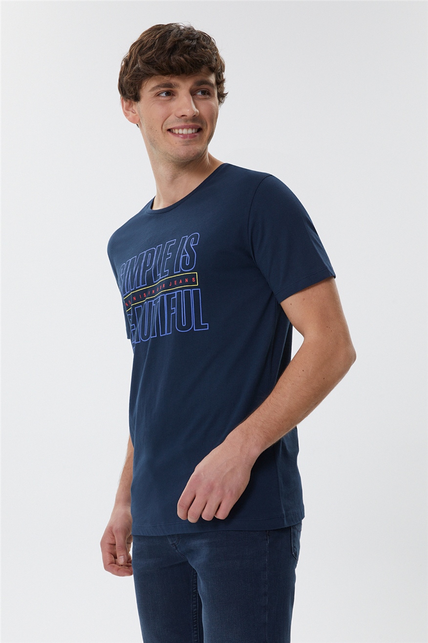 Simple Erkek %100 Pamuk Bisiklet Yaka T-Shirt Koyu Lacivert