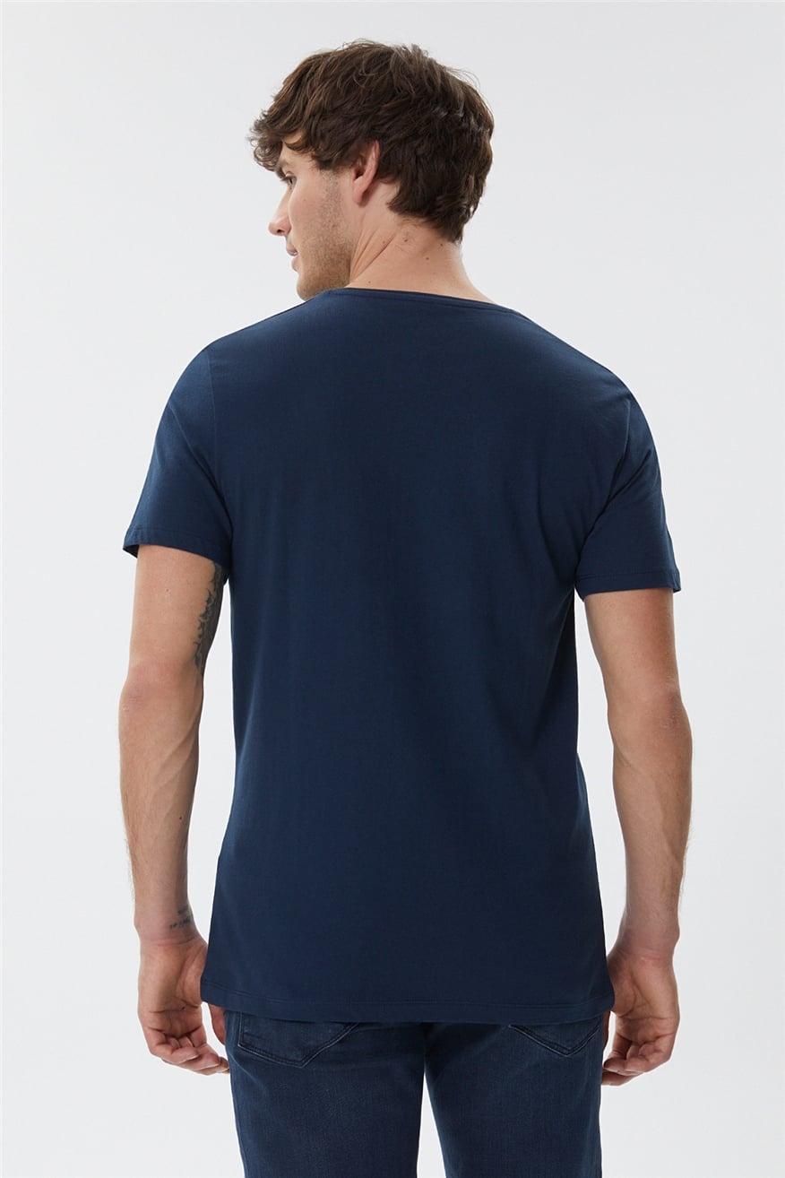 Simple Erkek %100 Pamuk Bisiklet Yaka T-Shirt Koyu Lacivert