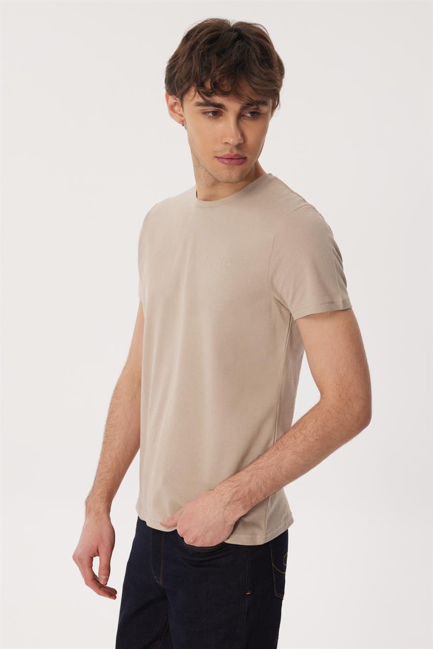 Twingo 1 Erkek %100 Pamuk O Yaka Pike T-Shirt Bej