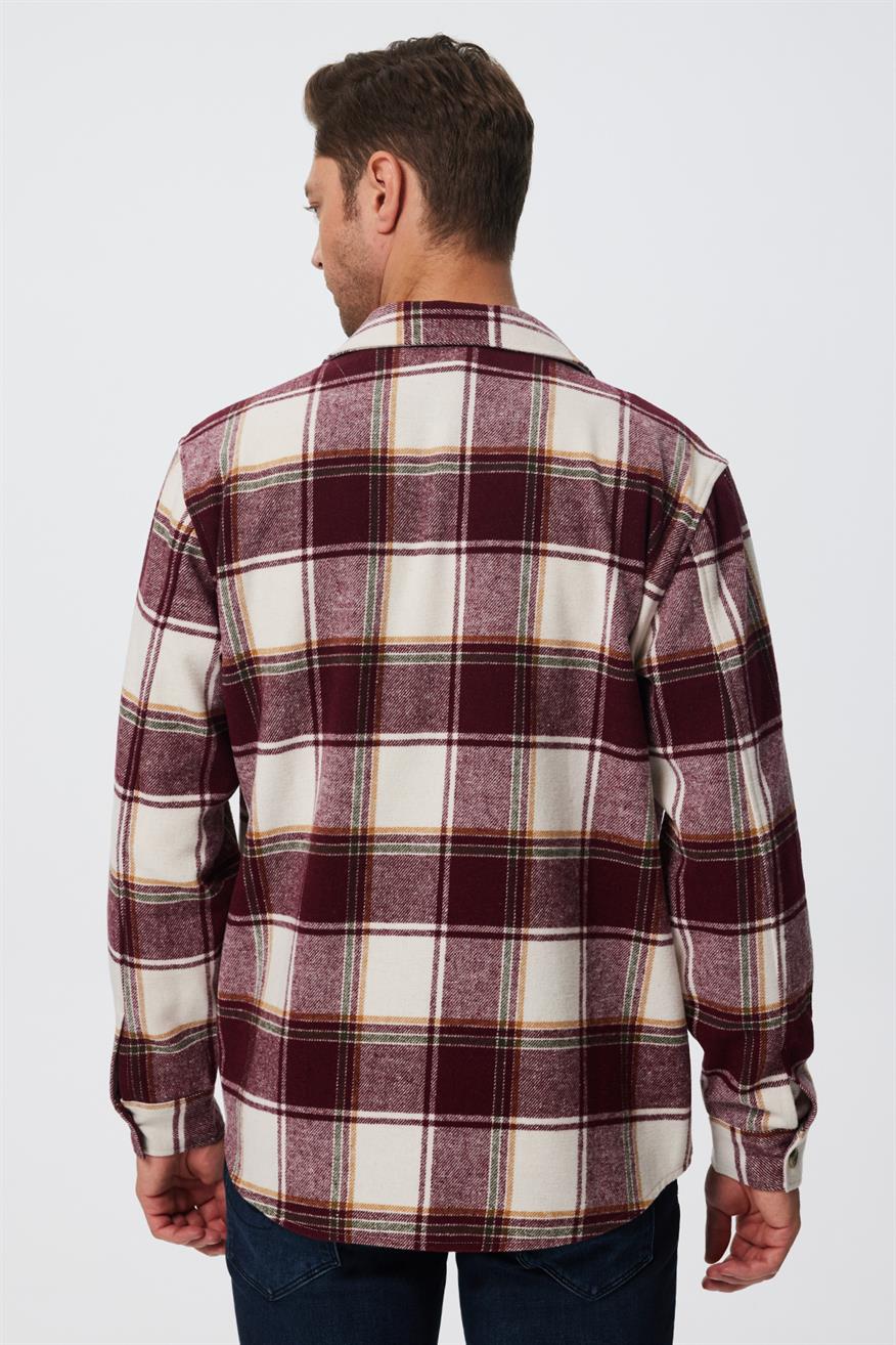 Wılf Erkek Dokuma U.Kol Gömlek Bordo-Beyaz Ekose 