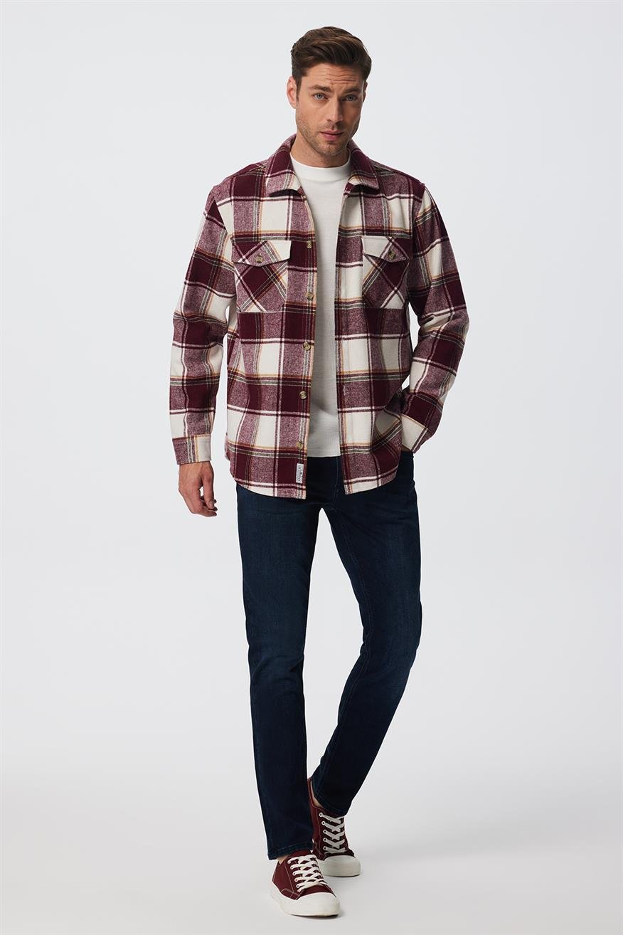 Wılf Erkek Dokuma U.Kol Gömlek Bordo-Beyaz Ekose 