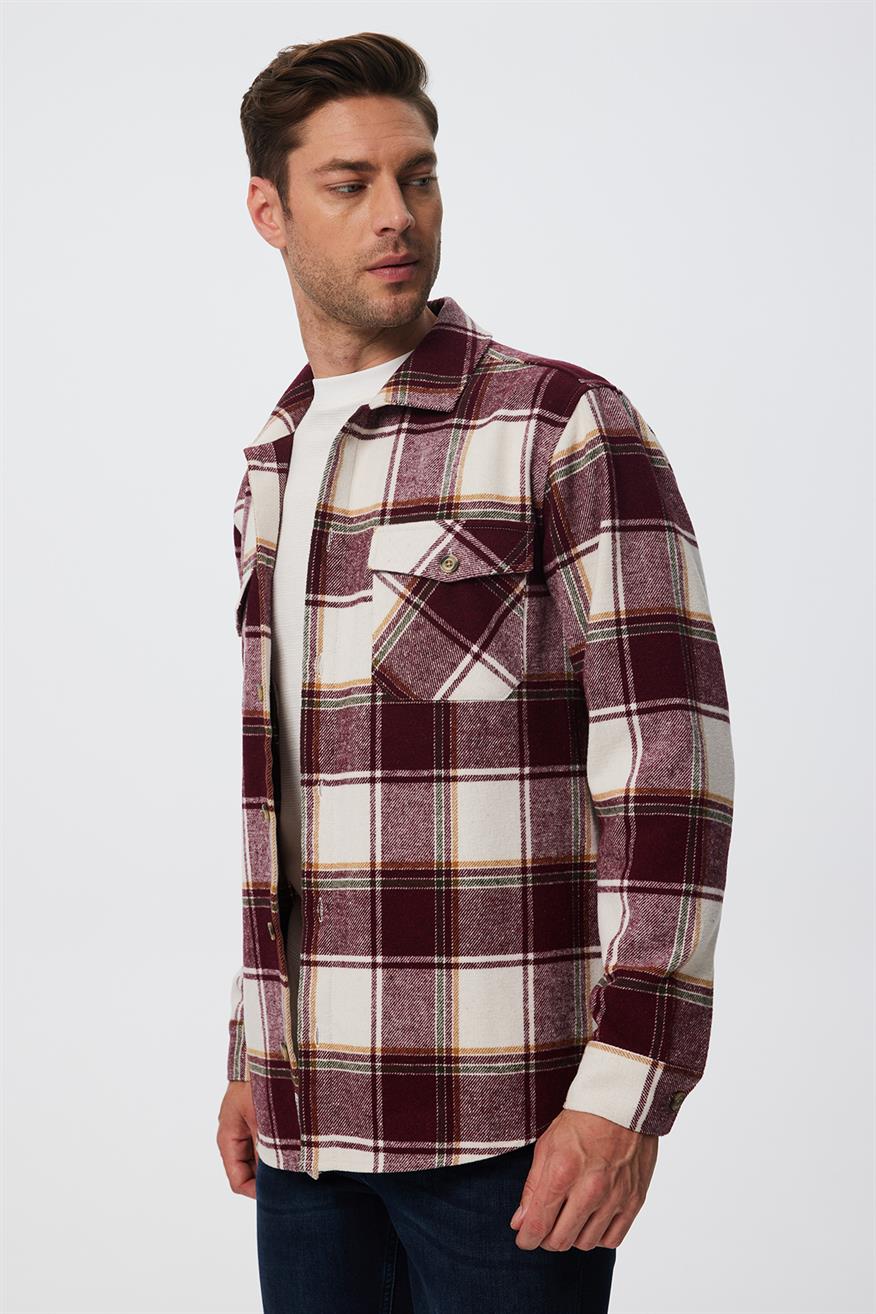 Wılf Erkek Dokuma U.Kol Gömlek Bordo-Beyaz Ekose 